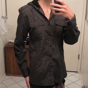 No Retreat gray hooded button down
